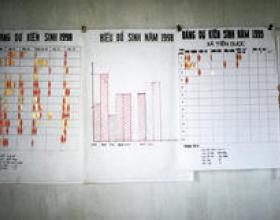 Wall charts used to track clinic data at a communal health center in Vietnam. 