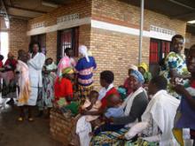 Women living with HIV waiting in line at a family planning clinic.